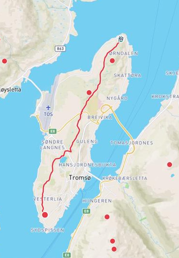 Kart over Robek-mila-løypa nedover Tromsøya til Sydspissen