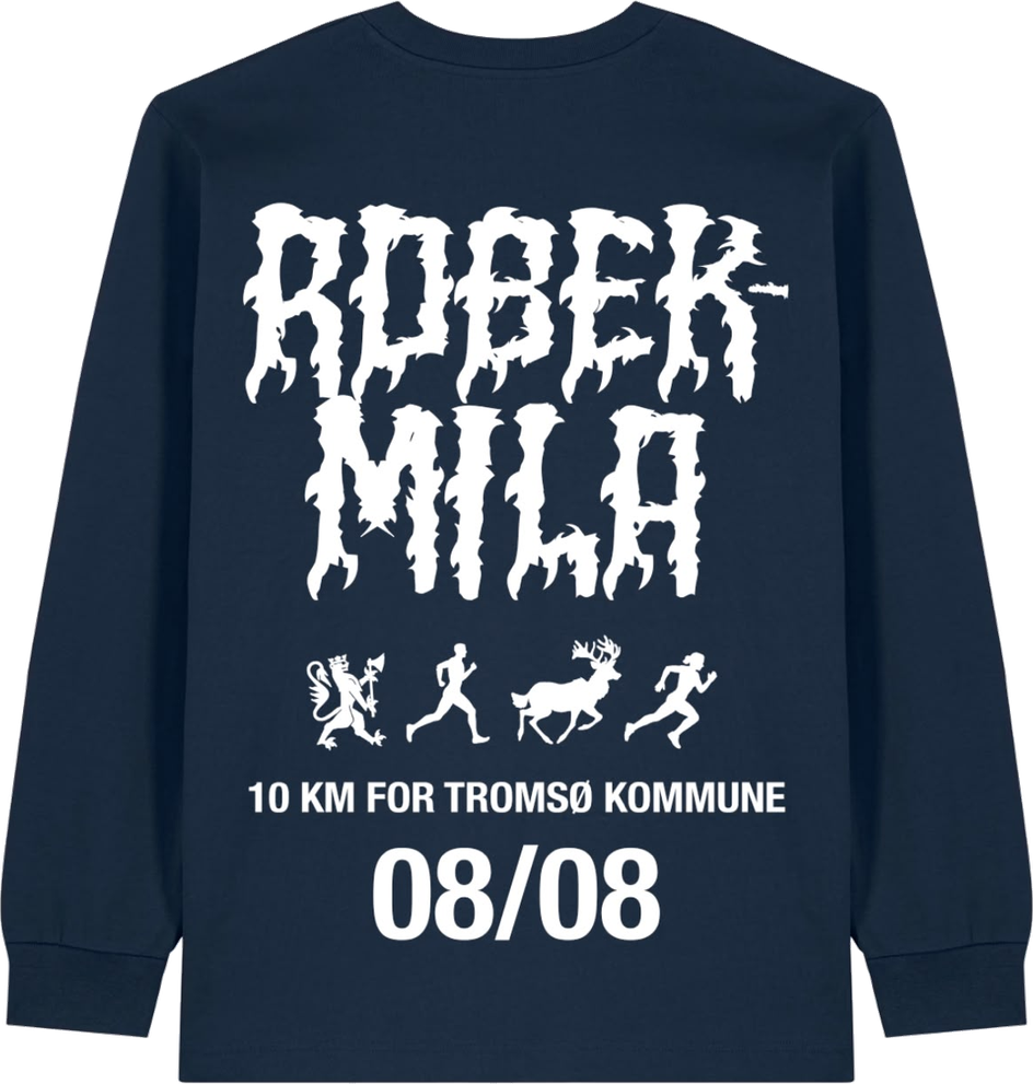 Robek-mila longsleeve bakside — stor ROBEK-MILA-logo, løpere og «10 km for Tromsø kommune», 08/08